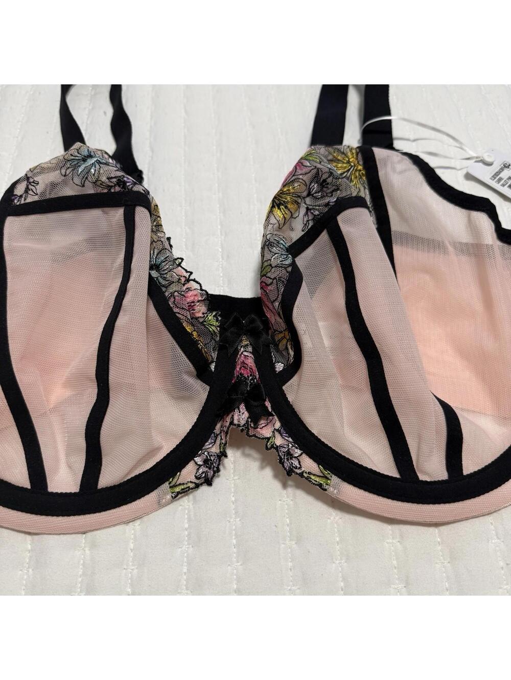 Elomi 38H Carrie Full-Figure Underwire Plunge Bra Lace & Mesh Pink Black NWT - Picture 4 of 13